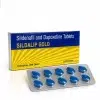 Sildalip Gold 西地那非與達泊西汀雙效錠產品包裝與藍色藥片展示圖
