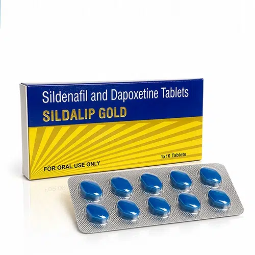Sildalip Gold 西地那非與達泊西汀雙效錠產品包裝與藍色藥片展示圖