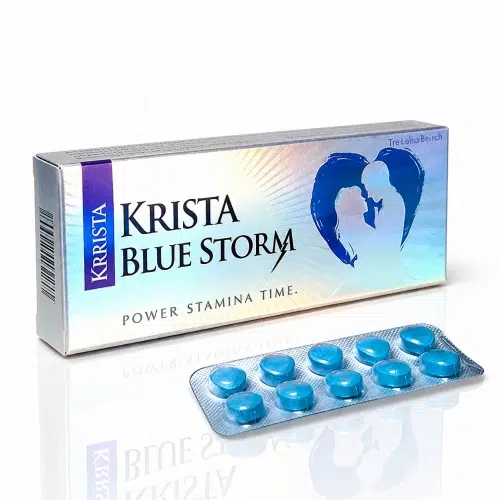 超級雙效威而鋼藍色風暴 Krrista Blue Storm 260mg 外盒與藍色藥錠