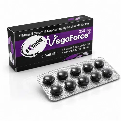 VegaForce 250mg 商品主圖，黑紫色藥盒與黑色圓形藥錠鋁箔板白底倒影展示