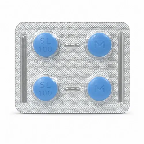 威達挺 Vedafil 100mg 鋁箔藥板正面，藍色圓形藥錠與銀色 blister 包裝